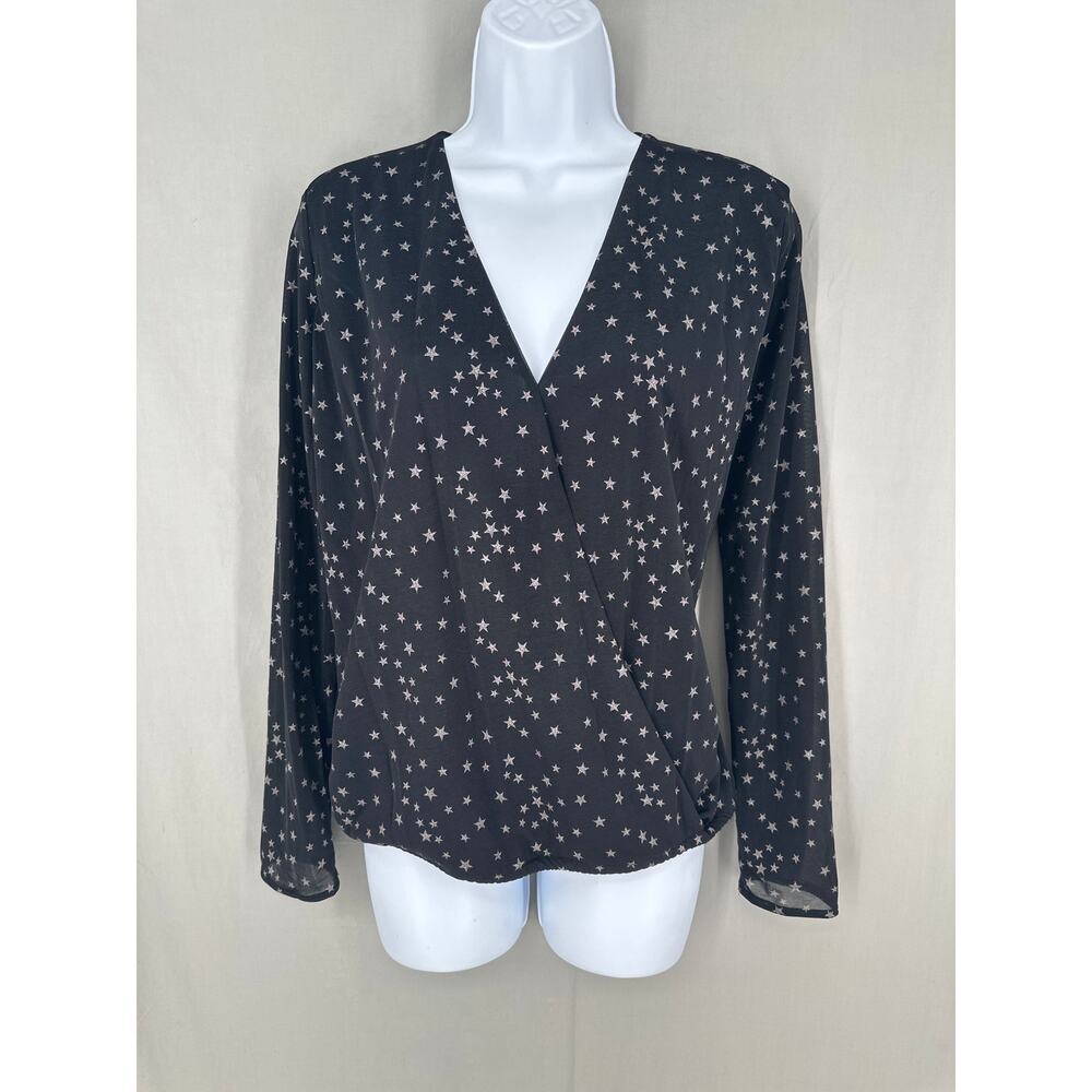 Mango Top Womens Small Black Star Print Sheer Silver Boho Witchy Whimsigoth